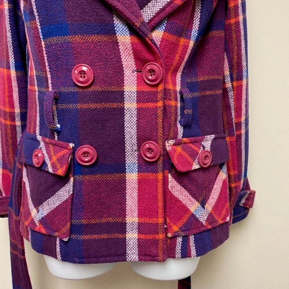 DEB Vintage 80's Trench Style Pea Coat Wool Blend Plaid Hood, size Small - Picture 11 of 15